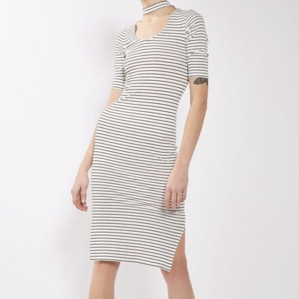 Top Shop Choker Dress White with Black Stripes Ribbed Maxi Dress Size 8